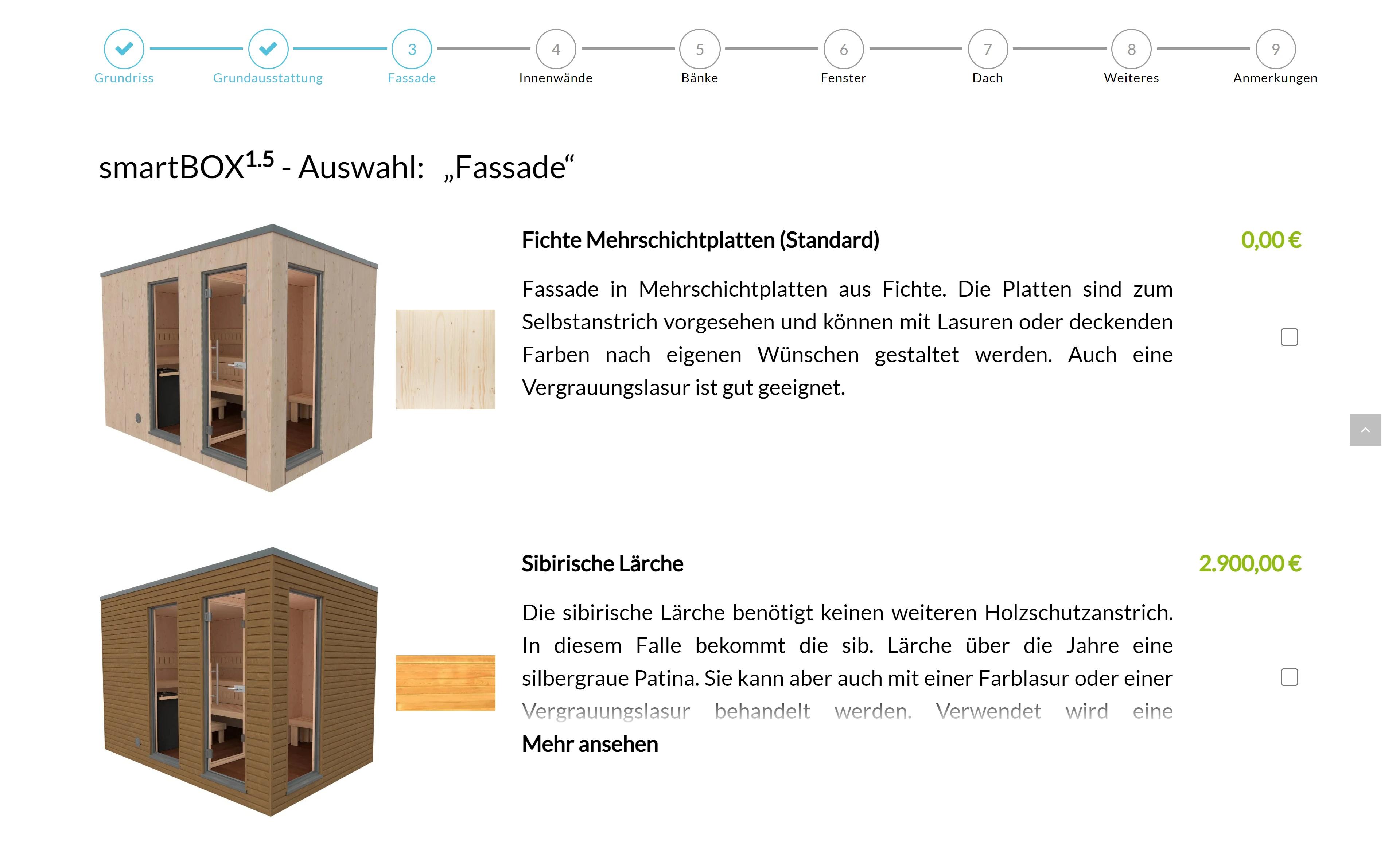 Saunahaus Konfigurator facade selection