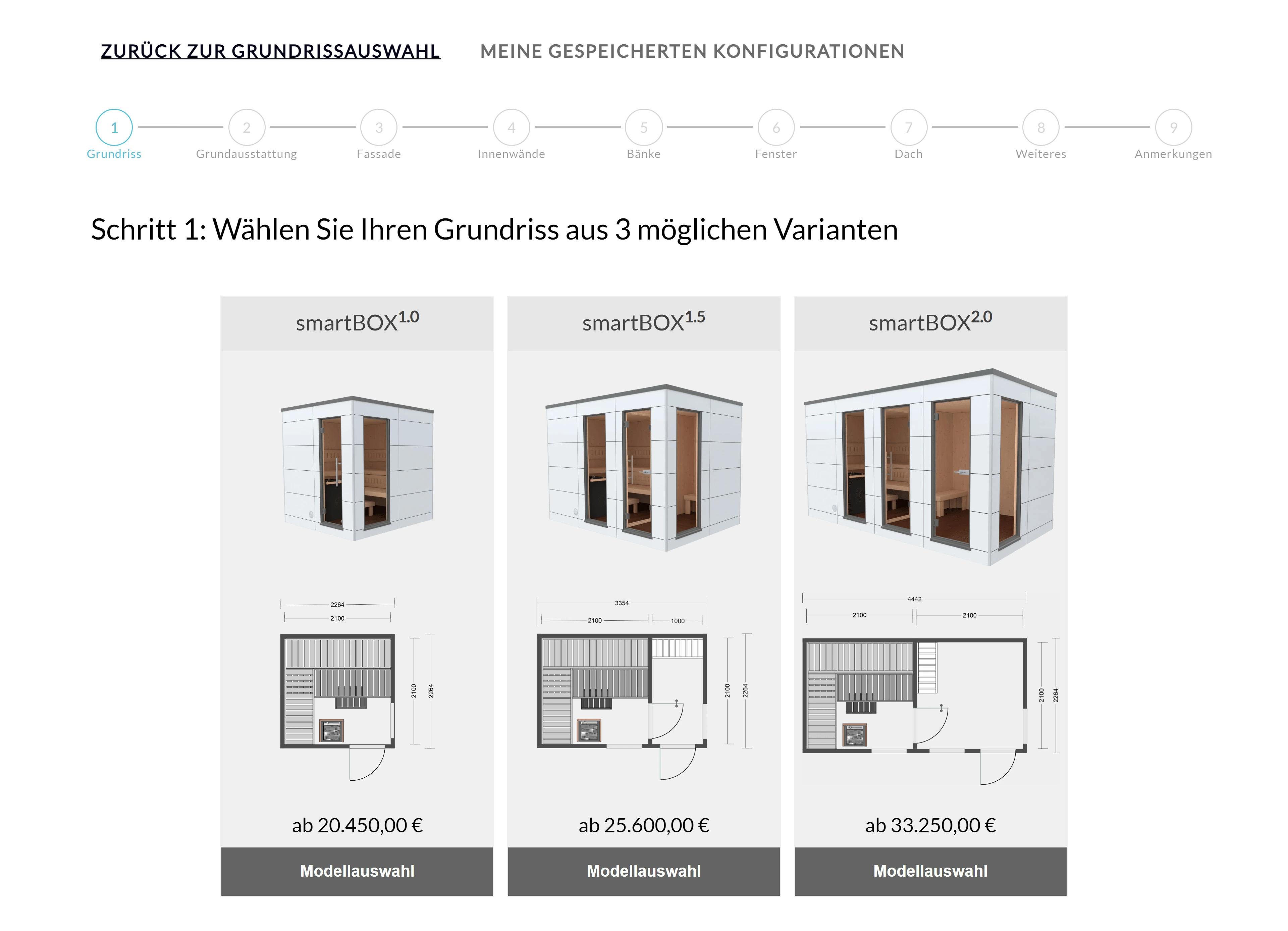 Saunahaus Konfigurator main page