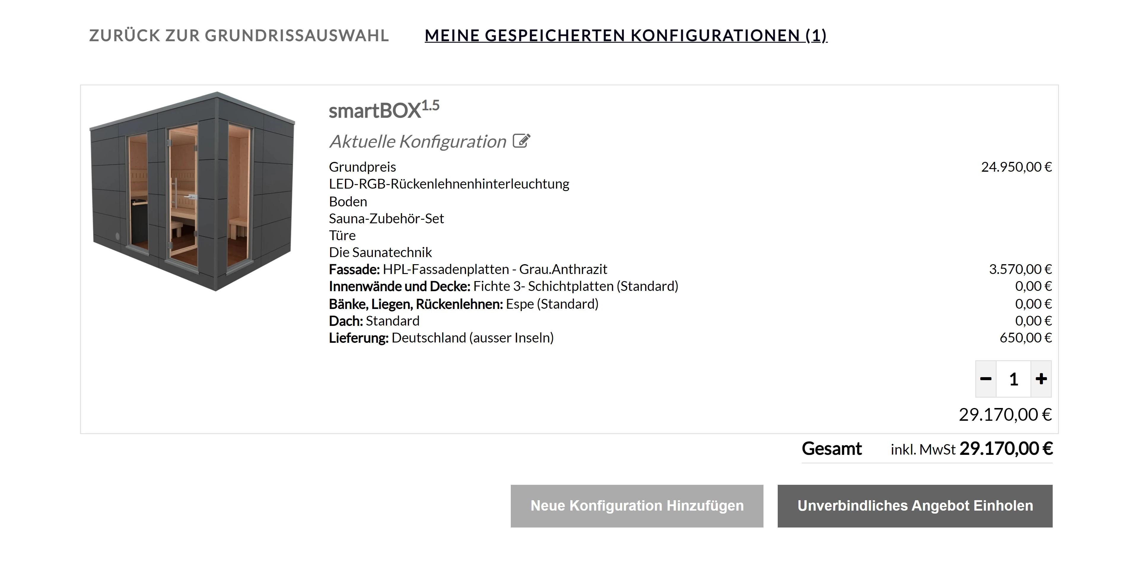 Saunahaus Konfigurator saved overview